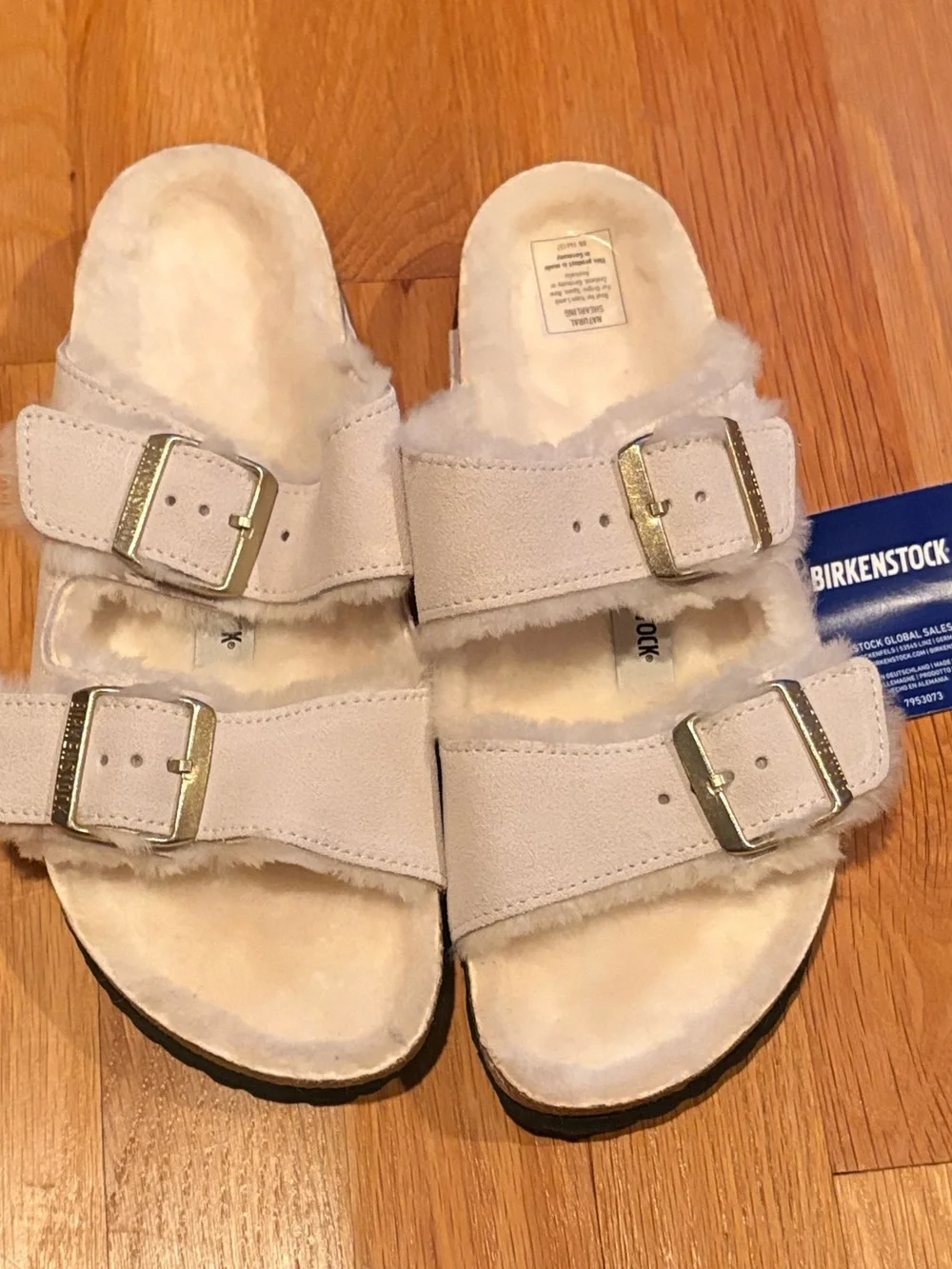 Birkenstock Antique White Faux-Fur Double Buckle Slide Sandals